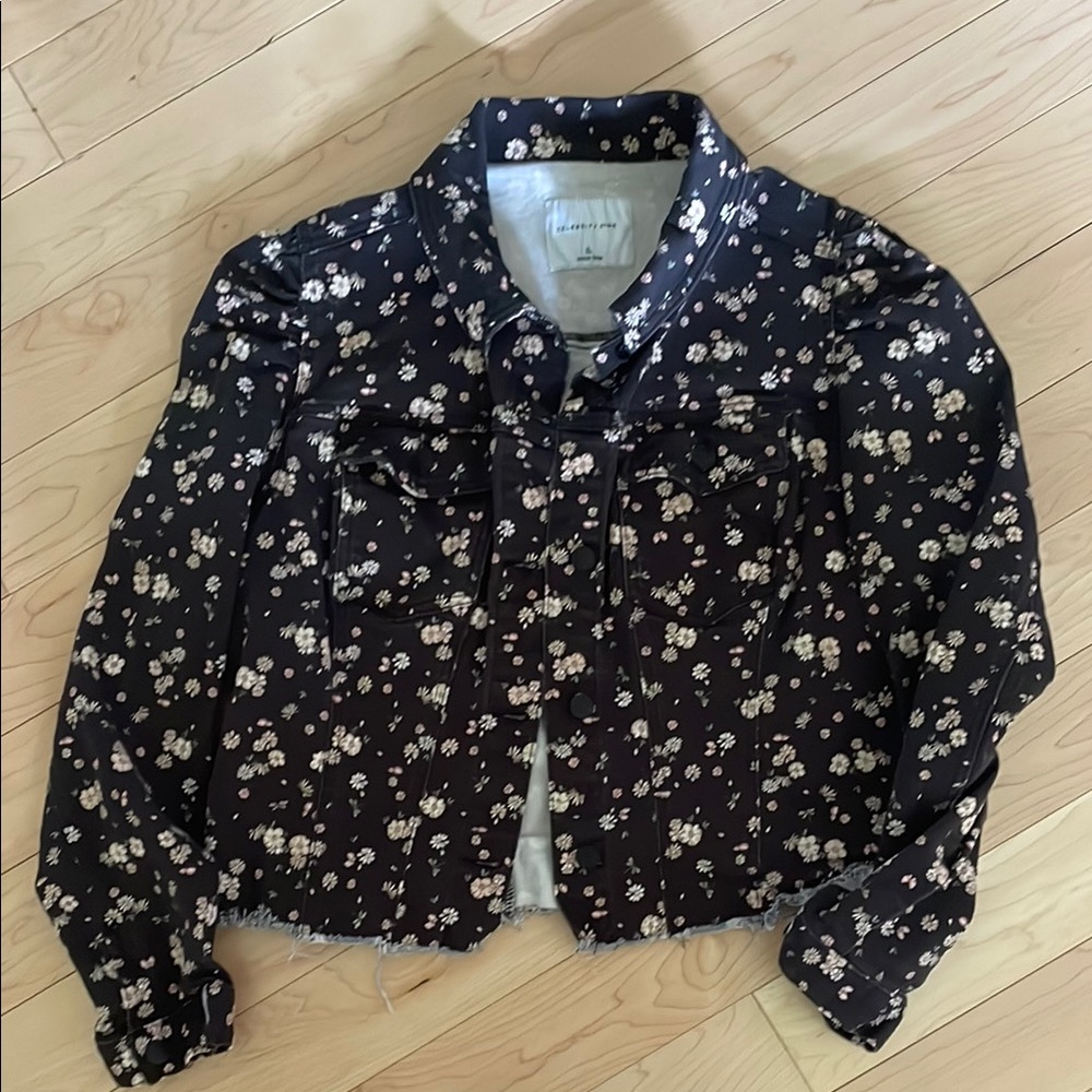 Celebrity Pink Floral Pink Black and White Jean Jacket Cropped Style size XL
